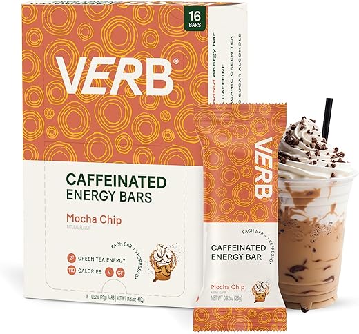 Verb Caffeinated Energy Bar - Verb Energy – Barra Energética de Baixo Açúcar e 110 Calorias – Snack Vegano – Livre de Glúten com Chá Verde Orgânico – 26g (Pacote com 16)