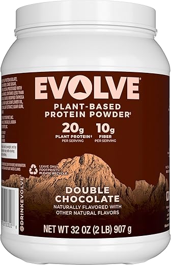 Proteína em Pó à Base de Plantas, Sabor Chocolate Duplo, 20g de Proteína Vegana, Sem Laticínios, Sem Sabores Artificiais, Não-OGM, 3g de Fibra, Exclusivo da Amazon, 2 Libras (Embalagem Pode Variar) - Evolve