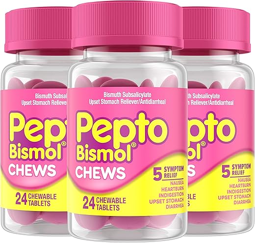 Chews – Alívio Digestivo Rápido e Eficaz para Náuseas, Azia, Indigestão, Má Digestão, Diarreia – 24 Comprimidos Mastigáveis x 3, Total de 72 - Pepto Bismol