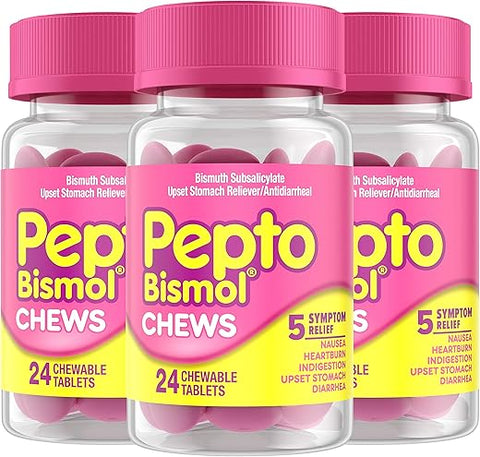 Chews – Alívio Digestivo Rápido e Eficaz para Náuseas, Azia, Indigestão, Má Digestão, Diarreia – 24 Comprimidos Mastigáveis x 3, Total de 72 - Pepto Bismol