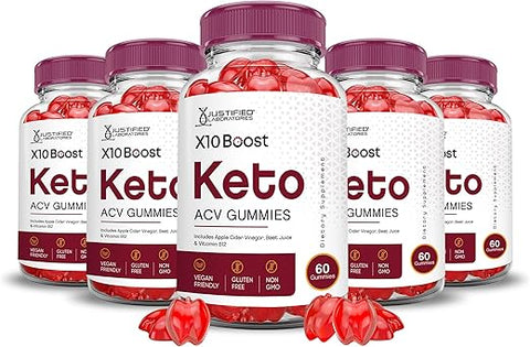 Justified Laboratories - (5 Pacotes) X10 Boost Keto ACV Gummies Fórmula Avançada 1000MG X 10 Boost Keto Gummies Vinagre de Maçã Boost Formulado com Pó de Romã e Beterraba B12 Vegano Não GMO 300g