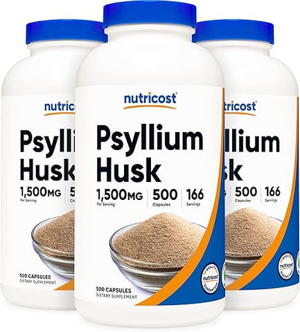Psyllium Husk 1500mg – 500 Cápsulas (3 Frascos) | Fibra Natural para Digestão Saudável - Nutricost