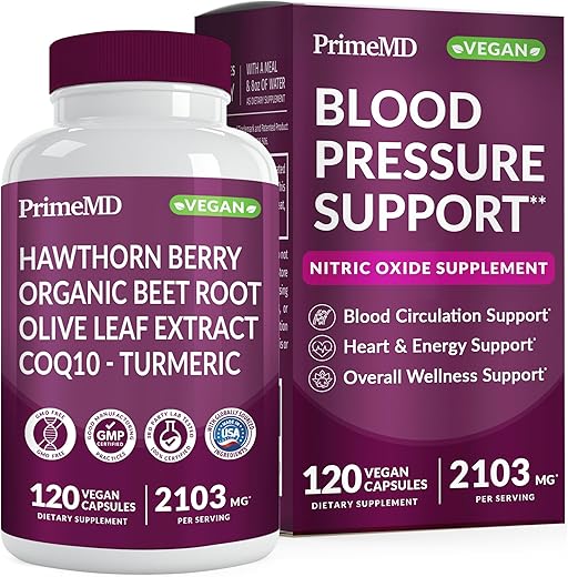 PrimeMD - 26 em 1 Suplemento de Óxido Nítrico – Suplementos para Pressão Arterial e Saúde Cardíaca com Coq 10, Cápsulas de Beterraba Orgânica, Extrato de Folha de Oliveira, Bagas de Espinheiro e Suplementos de Alho