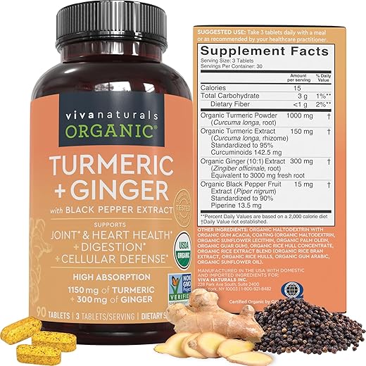 Viva Naturals - Suplemento Orgânico de Cúrcuma e Gengibre para Suporte Articular e Saúde Cardíaca – 1450 mg por porção Cápsulas de Cúrcuma e Gengibre com 150 de Cúrcuma Padronizada para 95% de Curcuminoides e 15g de Gengibre