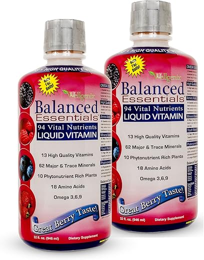Balanced Essentials Plus Nova Fórmula – Sabor de Frutas Vermelhas 946ml (Pacote com 2) – Vitamina Líquida – Suplemento Multivitamínico Completo – Reforço Imunológico - Wellgenix