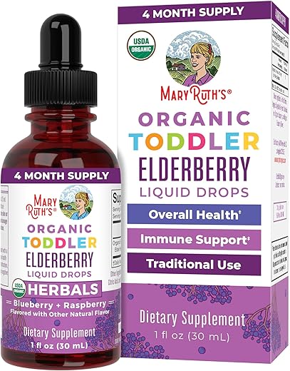 MaryRuth Organics - Xarope de Sabugueiro Orgânico MaryRuth para Crianças | Suporte Imunológico para Idades de 1 a 3 Anos | Verificado pelo Clean Label Project®, Vegano, Não-OGM | Livre de Açúcar | USDA Orgânico
