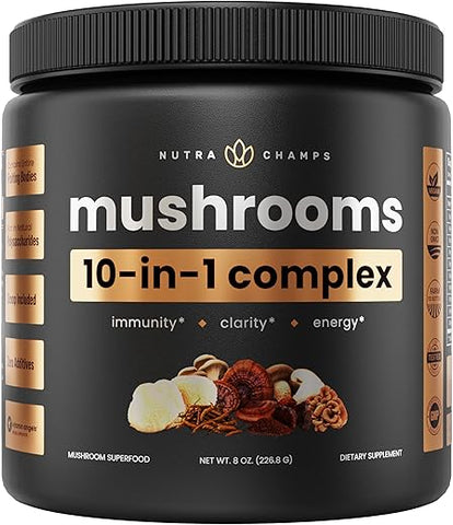 NutraChamps - Pó de Cogumelo Orgânico – Complexo 10 em 1 – Leão da Montanha, Reishi, Shiitake, Chaga, Cauda de Peru, Cordyceps, Maitake