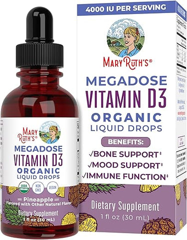 Gotas Líquidas de Vitamina D3 | Megadosagem 4000 UI | Spray Líquido de Vitamina D Orgânica Certificada pelo USDA para Adultos - MaryRuth Organics