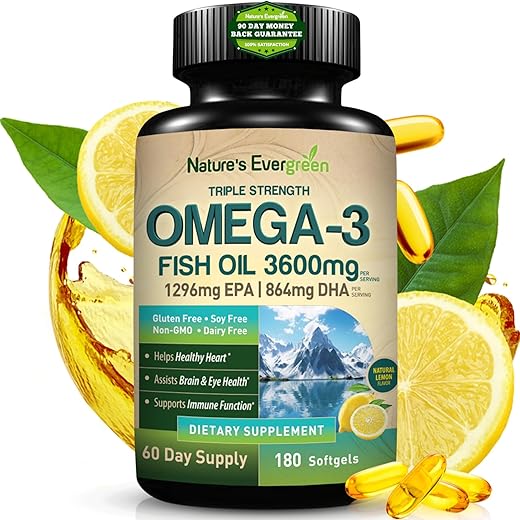 Nature's Evergreen - Óleo de Peixe Ômega 3 Triplo Forte 3600 mg | 2160mg de Ácidos Graxos Ômega-3 | 1296mg EPA 864mg DHA | Melhores Ácidos Graxos Essenciais | Cápsulas Líquidas de Alta Pureza
