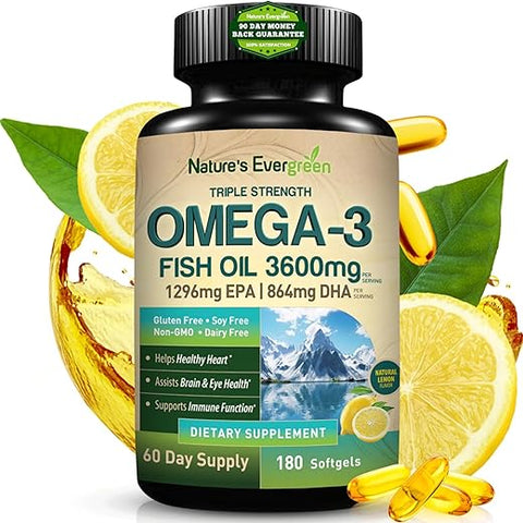 Nature's Evergreen - Óleo de Peixe Ômega 3 Triplo Forte 3600 mg | 2160mg de Ácidos Graxos Ômega-3 | 1296mg EPA 864mg DHA | Melhores Ácidos Graxos Essenciais | Cápsulas Líquidas de Alta Pureza
