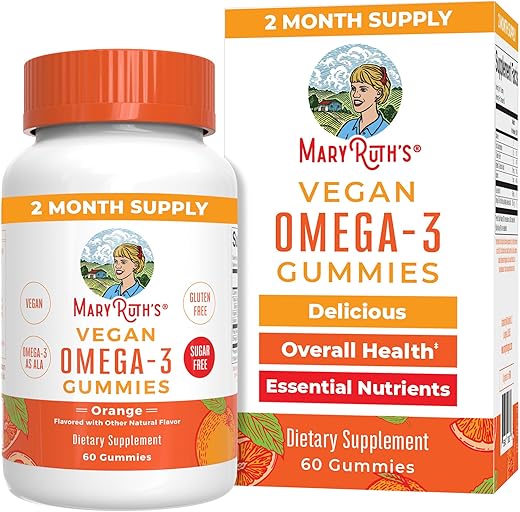 Vegan Omega 3 Gummies para Adultos | Suprimento de 2 Meses | Suplemento Sem Açúcar com Vitamina C | Suporte Imunológico com Óleo de Linhaça | Bem-Estar Geral | Sem Sabor de Peixe | 60 Gomas - MaryRuth Organics