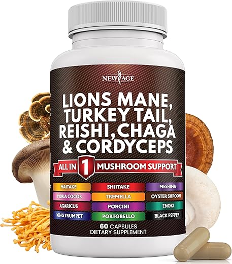Suplemento de Cogumelo Lion’s Mane 3000mg 20 em 1 com Turkey Tail 2000mg Reishi 1000mg Cordyceps Chaga 1000mg e Raiz de Marshmallow - NEW AGE
