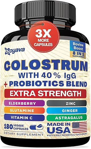 Cápsulas de Colostro Bovino, 40%% IgG, Probióticos, Sabugueiro, L-Glutamina, Astrágalo, Vitamina C, Gengibre, Zinco (180 cápsulas) - Zoyava