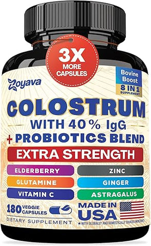 Cápsulas de Colostro Bovino, 40%% IgG, Probióticos, Sabugueiro, L-Glutamina, Astrágalo, Vitamina C, Gengibre, Zinco (180 cápsulas) - Zoyava