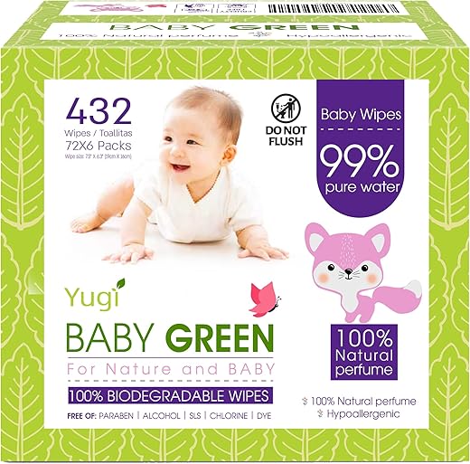 Yugi Baby Green - Fraldas Descartáveis Biodegradáveis Perfume Natural – Pacote (6 Pacotes de 72) 432 – 99%% Água Pura Livre de Plástico Toalhas Umedecidas para Bebês Recém-Nascidos