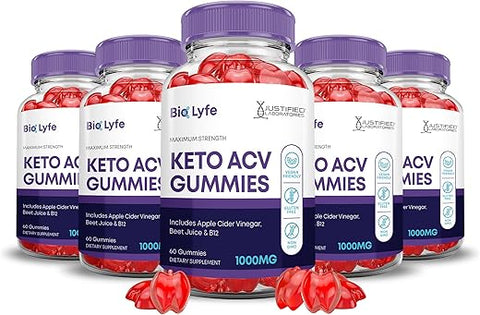 Justified Laboratories - (5 Pacotes) Gomas Bio Lyfe Keto ACV Fórmula Avançada 1000MG Biolyfe Keto Gomas Vinagre de Maçã Formulado com Romã Suco de Beterraba B12 Vegano Não GMO 300 Gomas