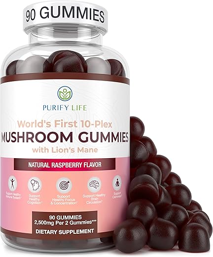 Purify Life - Complexo de Cogumelos em Gomas – 10x Suplemento de Cogumelos com Leão Mane (90 Gomas 2500mg/porção) Suplemento Cerebral Nootrópico, Suporte Imunológico