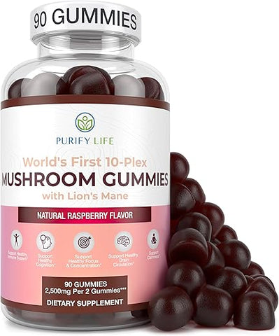 Purify Life - Complexo de Cogumelos em Gomas – 10x Suplemento de Cogumelos com Leão Mane (90 Gomas 2500mg/porção) Suplemento Cerebral Nootrópico, Suporte Imunológico