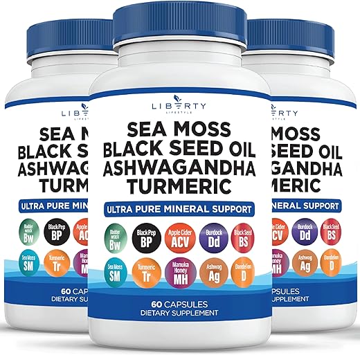 Liberty Lifestyle - Sea Moss 3000mg Óleo de Semente Preta 2000mg Ashwagandha 1000mg Bardana 1000mg Suporte Mineral de Raiz (180)