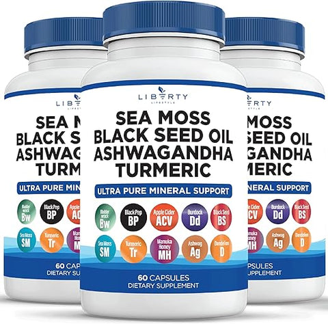 Liberty Lifestyle - Sea Moss 3000mg Óleo de Semente Preta 2000mg Ashwagandha 1000mg Bardana 1000mg Suporte Mineral de Raiz (180)