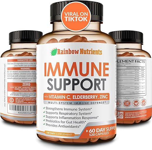 LLC,Rainbow Nutrients - Suplemento de Suporte Imunológico 10 em 1 (Sem Preenchedores) | Vitamina C, Zinco, Sabugueiro, Equinácea, Cúrcuma, Probióticos | Impulsionador da Imunidade para Defesa Imune Multissistêmica, Respiratória