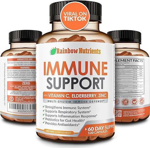 LLC,Rainbow Nutrients - Suplemento de Suporte Imunológico 10 em 1 (Sem Preenchedores) | Vitamina C, Zinco, Sabugueiro, Equinácea, Cúrcuma, Probióticos | Impulsionador da Imunidade para Defesa Imune Multissistêmica, Respiratória