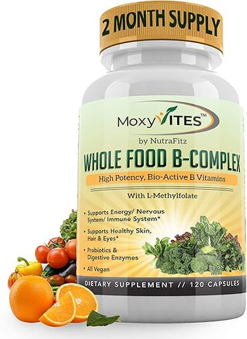 MoxyVites - Complexo de Vitamina B – Suplemento Alimentar de Vitaminas B em Alimentos Integrais, B12 Metilcobalamina, B1, B2, B3, B5, B6, B7, B9 – para Estresse, Energia e Suporte Imunológico, Vegano, 120 Cápsulas