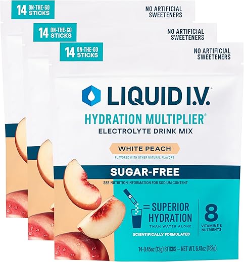 Hydration Multiplier Sem Açúcar – Pêssego Branco | Mistura em Pó de Bebida com Eletrólitos | 3 Pacotes (42 Porções) - Liquid I.V.