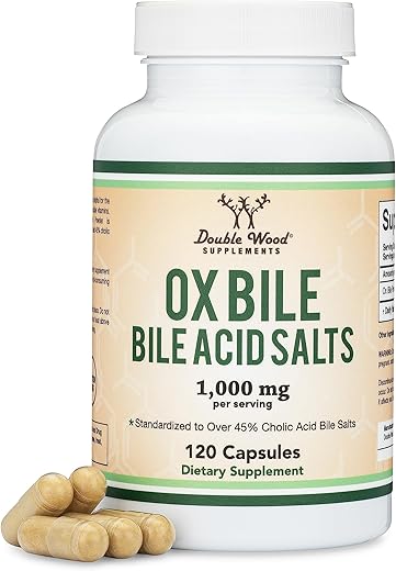 Double Wood Supplements - Suplemento de Bile de Boi para Ausência de Vesícula Biliar (1.000mg por Porção, 500mg por Cápsula, 120 Cápsulas) Padronizado para 45% de Ácido Cólico e Sais Biliares para Combater Deficiências de Sais Biliares