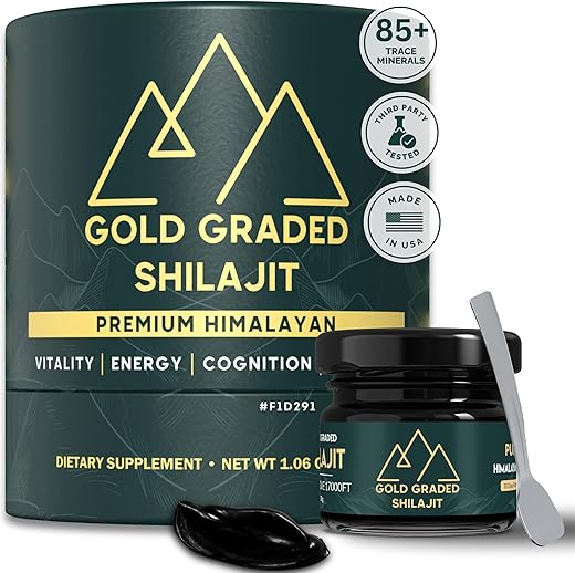 Gold Graded Shilajit - Shilajit Resina com Ácido Fúlvico | 500mg Alta Potência de Shilajit Puro do Himalaia Orgânico com 85 Minerais Traços para Energia