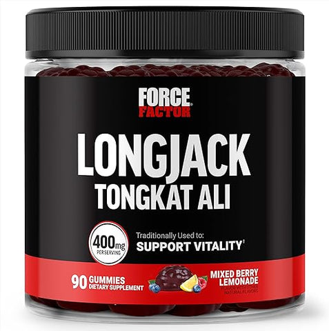 Force Factor - FORCE FACTOR Gummies Longjack Tongkat Ali para Homens, Suporte à Vitalidade e Energia Masculina, 400mg de Tongkat Ali com BioPerine, Sabor Mix de Frutas Vermelhas e Limonada, 90 Gummies