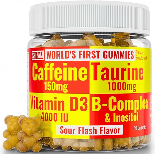 Gomas Energéticas com Taurina 1000mg, Cafeína 150mg, D-3, B-12, Complexo B, Inositol – Vitaminas em Gel, Bebidas, Cápsulas, Shots, Mastigáveis, Pó – Corrida, Corredores - SHIZAM