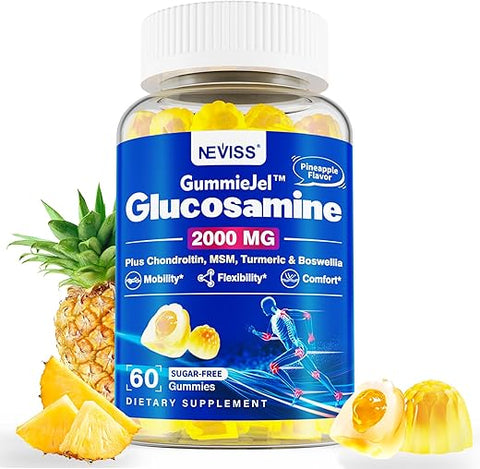 NEVISS - Gomas Preenchidas de Glucosamina Condroitina MSM Sem Açúcar 3100mg – Suporte para Articulações – Com Cúrcuma, Boswellia e Ácido Hialurônico