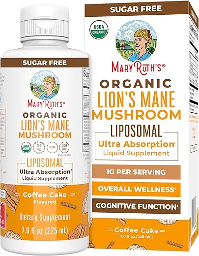 MaryRuth Organics - Suplemento Orgânico de Lion’s Mane por MaryRuth’s | Lipossomal de Ultra Absorção | Cogumelo Lion’s Mane de Espectro Completo | 200mg de Beta-Glucanos por Porção | Orgânico Certificado pelo USDA | Vegano | 7,6 oz (214g)