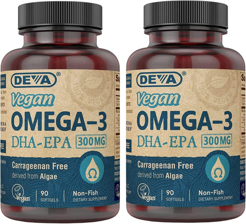 Vegan DHA-EPA: Suplemento Nutricional de Algas, 300 mg, 90 Softgels Vegetarianos – Pack de 2 - DEVA