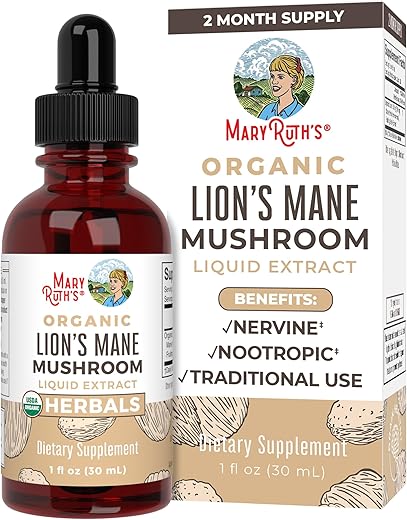MaryRuth Organics - Suplemento de Cogumelo do Leão | Até 2 Meses de Fornecimento | Extrato de Cogumelo do Leão Orgânico Certificado USDA | Gotas Líquidas Herbais Nervinas | Saúde Cerebral | Não-OGM, Vegano, Livre de Álcool