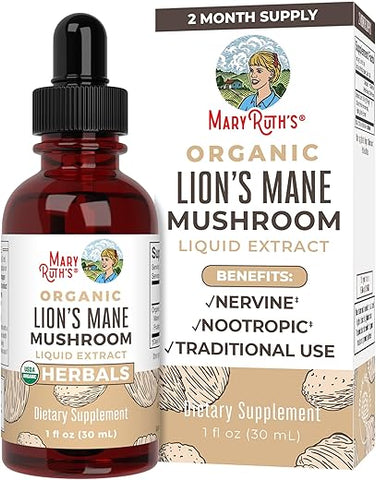 MaryRuth Organics - Suplemento de Cogumelo do Leão | Até 2 Meses de Fornecimento | Extrato de Cogumelo do Leão Orgânico Certificado USDA | Gotas Líquidas Herbais Nervinas | Saúde Cerebral | Não-OGM, Vegano, Livre de Álcool