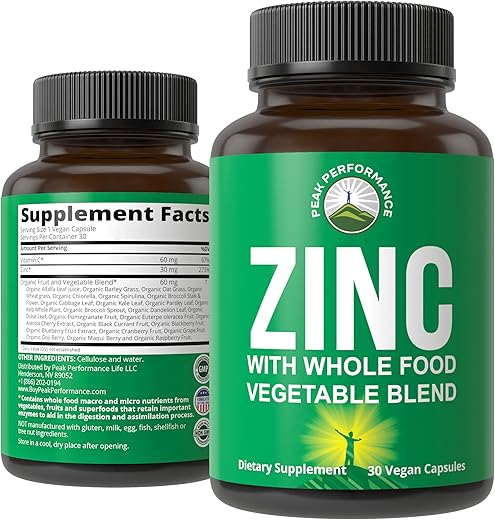 Peak Performance - Suplemento Vegano de Zinco com Vitamina C – Mistura de Alimentos Integrais de 25 Vegetais e Frutas para Máxima Absorção. Cápsulas de Zinco 30mg, Comprimidos, Vitaminas para Adultos