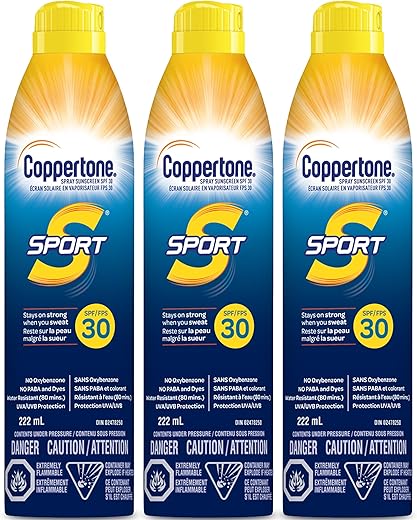 Sport Protetor Solar Spray, Kit com 3 Unidades de Protetor Solar Spray Resistente à Água, FPS 30 Amplo Espectro, Proteção de até 80 Minutos, 7,5g Cada - Coppertone