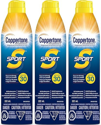 Sport Protetor Solar Spray, Kit com 3 Unidades de Protetor Solar Spray Resistente à Água, FPS 30 Amplo Espectro, Proteção de até 80 Minutos, 7,5g Cada - Coppertone
