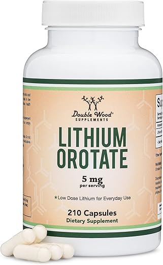 Double Wood Supplements - Lítio Orotate 5mg, 210 Cápsulas (Testado por Terceiros, Vegano, Não-OGM) para uma Mente Mais Calma, Humor Mais Equilibrado e Melhor Descanso à Noite –