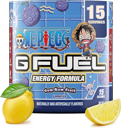 Pó Energético de Fruta Gum-Gum ONE Piece, Sem Açúcar, Cafeína Limpa, Suplemento para Foco, Mistura com Água, Aminoácidos para Foco, Mistura de Vitaminas Antioxidantes, Limão Gelado, 105g (15 Porções) - G Fuel