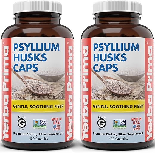 Psyllium Husks Caps 625mg – 400 Cápsulas (Pacote com 2) – Fibra Natural para Homens e Mulheres – Suporte para Regularidade - Yerba Prima