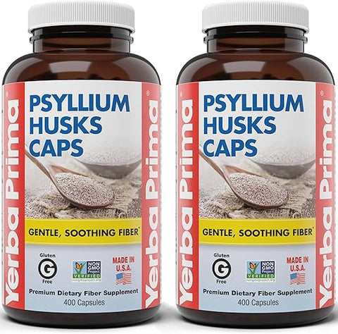 Psyllium Husks Caps 625mg – 400 Cápsulas (Pacote com 2) – Fibra Natural para Homens e Mulheres – Suporte para Regularidade - Yerba Prima