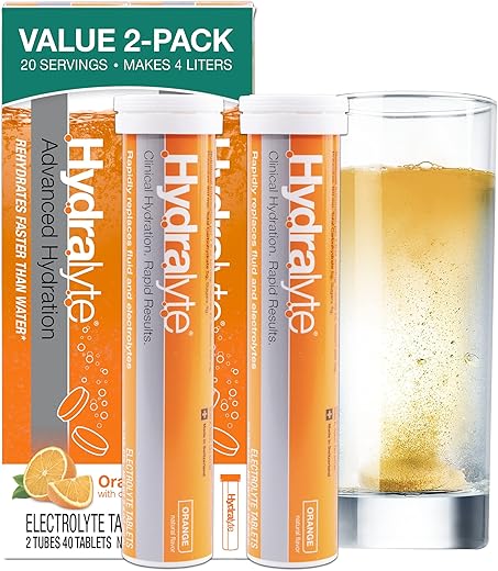 Tablets de Eletrólitos | 40 Laranja | Essencial para Hidratação Rápida em Viagens de Avião | Comprimidos de Hidratação – Dissolução Instantânea (20 Porções, 2g) - Hydralyte