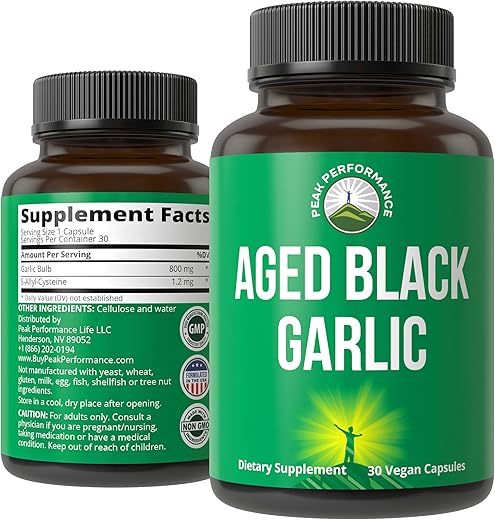 Cápsulas de Alho Negro Envelhecido Peak Performance. Suplemento Puro Vegano em Cápsulas Odorless para Colesterol e Suporte Imunológico. da Bulbo de Alho com S-Allyl Cysteine e
