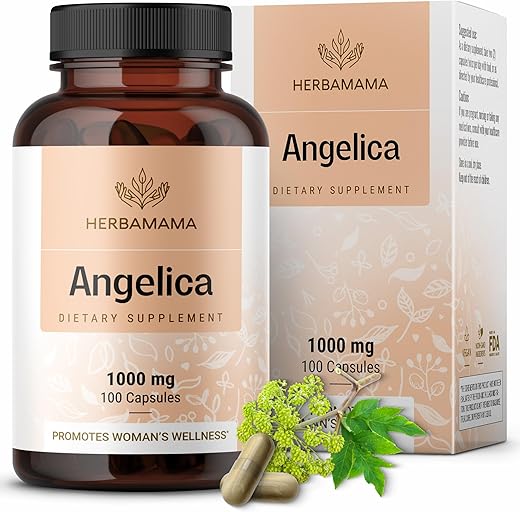 Suplemento de Raiz de Angélica e Dong Quai – Cápsulas de 1000 mg de Raiz de Dong Quai – Suplementos Antioxidantes de Erva de Angélica para Mulheres – Vegano, Não-OGM – 100 Cápsulas - HERBAMAMA