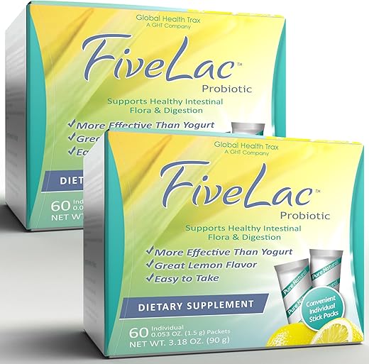 Global Health Trax - GHT – FiveLac Limão Pó Probiótico para Bebida, Probióticos para Mulheres, Homens e Crianças – Suporte Digestivo Suave e Eliminação – Alivia Constipação e Gases Ocasionais – 60g