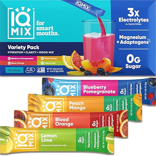IQBAR - IQMIX Pacotes de Pó de Eletrólitos sem Açúcar – Suplemento Hidratante em Pó com Eletrólitos Keto, Lions Mane, Magnésio L-Treonato e Citrato de Potássio – Pacote Variado (20…)