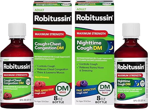 DM Max Tosse e Congestão no Peito + Robitussin DM Tosse Noturna Máxima, Fórmulas para Adultos – 2 x 8 Fl Oz Frascos - Robitussin